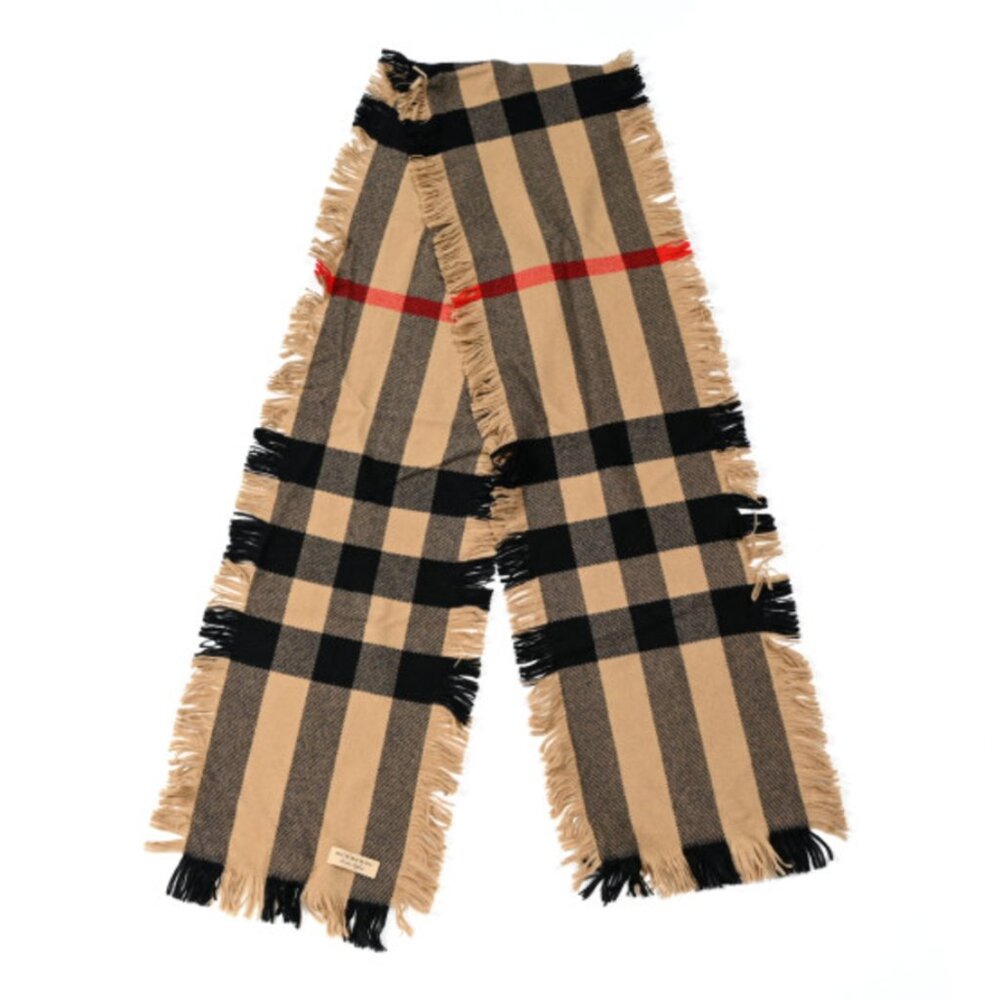 Burberry Wool Half Mega Check Fringe Scarf in Camel
